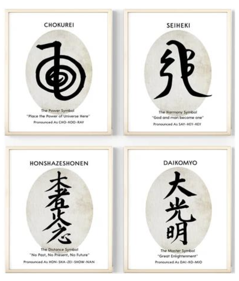 Reiki symbols: Chokurei, Seiheki, Honshazeshonen and Daikomyo