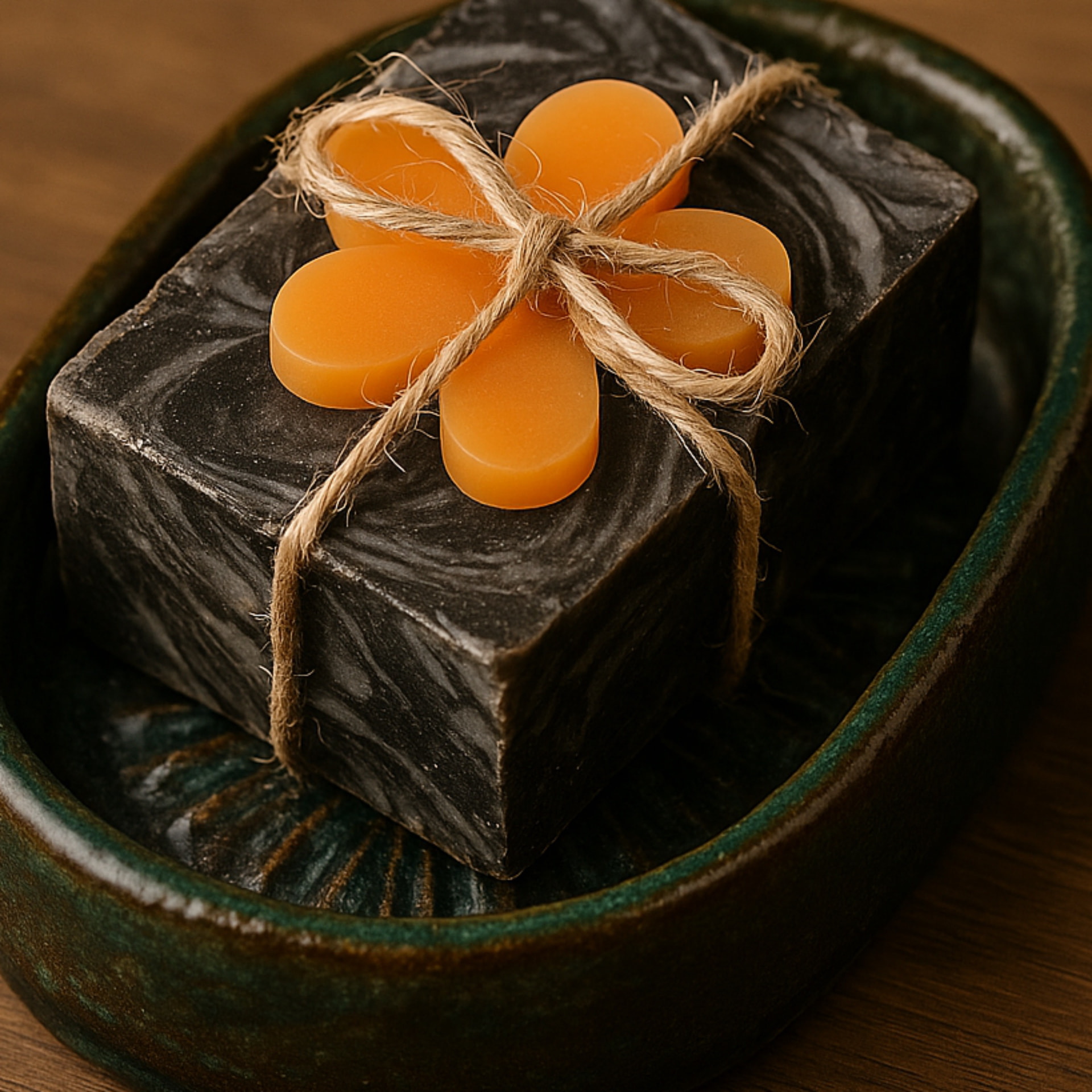 Charcoal purification soap beside a handcrafted ceramic box