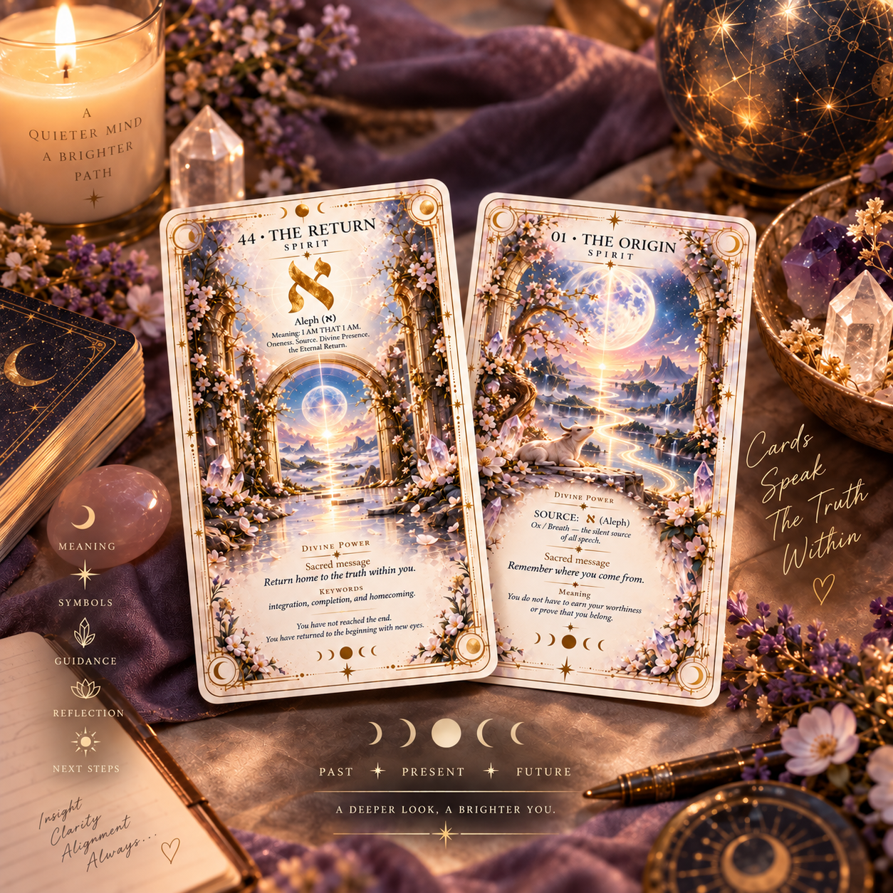 The Bloom Oracle cards — The Return and The Origin — laid among candlelight, crystals and flowers