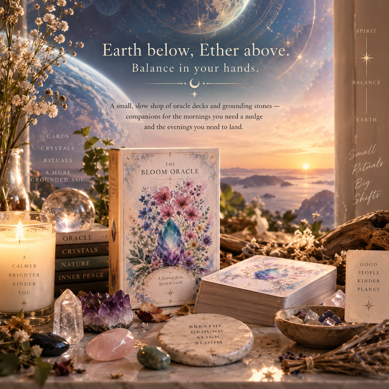 The Bloom Oracle deck among crystals, candle and flowers beneath a celestial sky — Earth below, Ether above