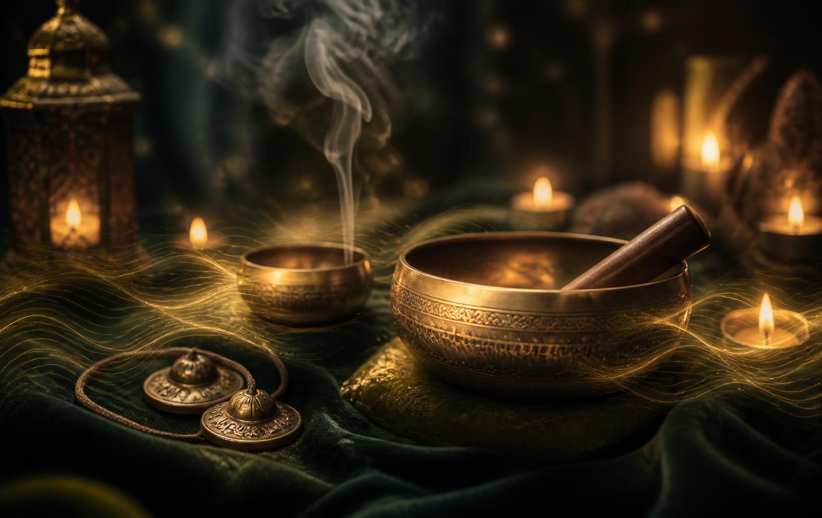 Brass singing bowls and tuning forks lit by candlelight on green velvet